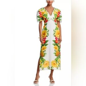 FARM Rio Picnic Flowers Maxi Linen Dress Medium V Neck Floral Pineapple Side Zip